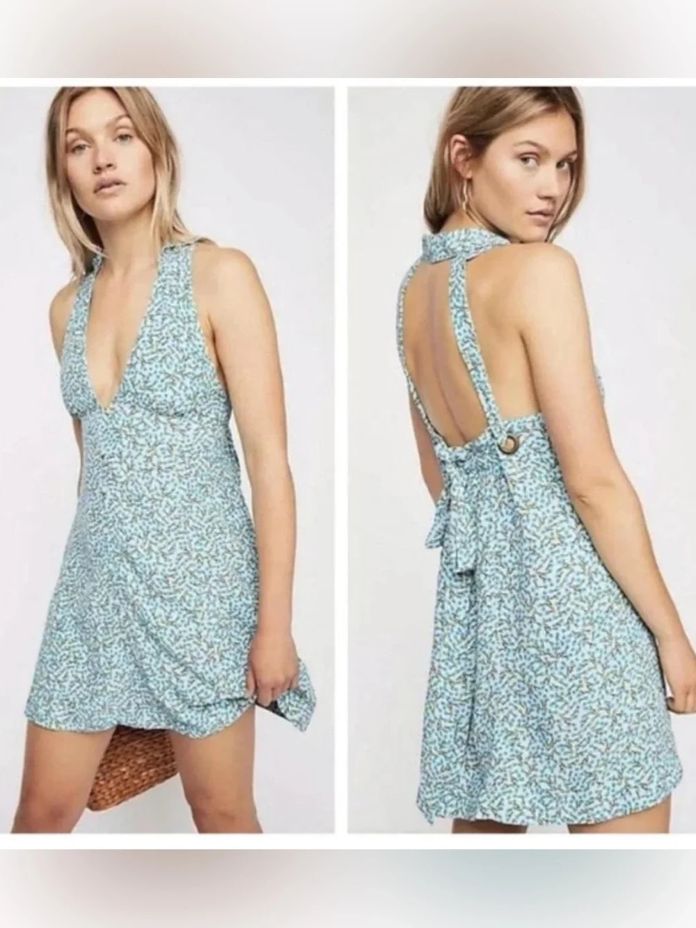 Free People Cest La Vie Blue Floral Backless Halter Mini Dress